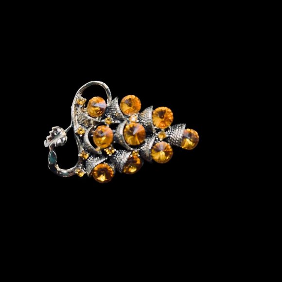 Gold Tone With Golden Glass Rhinestones Grapes Brooch & Clip On Earrings (5128) - Picture 2 of 7